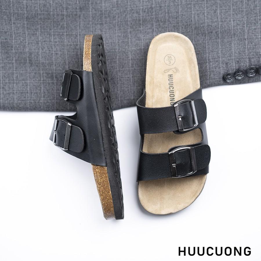 Dép unisex HuuCuong 2 khóa đen đế trấu handmade