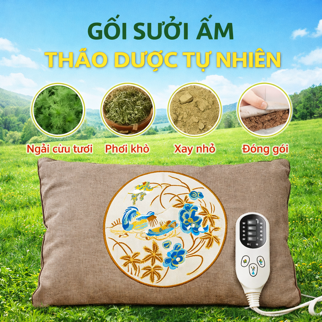 Gối Ngải Cứu Sưởi Ấm Cao Cấp – Hương Dịu Nhẹ, An Toàn Cho Gia Đình