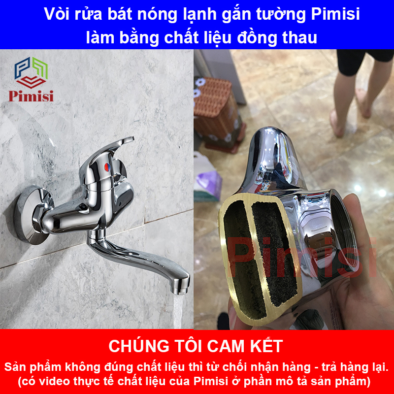 Vòi rửa bát gắn tường nóng lạnh Pimisi chất liệu đồng thau dùng cho chậu rửa chén bát 1-2 hố trong nhà bếp xoay 360 độ, kèm chân chữ Z nhằm tăng-giảm khoảng cách để hợp với mọi đường ống cấp nước | Hàng chính hãng