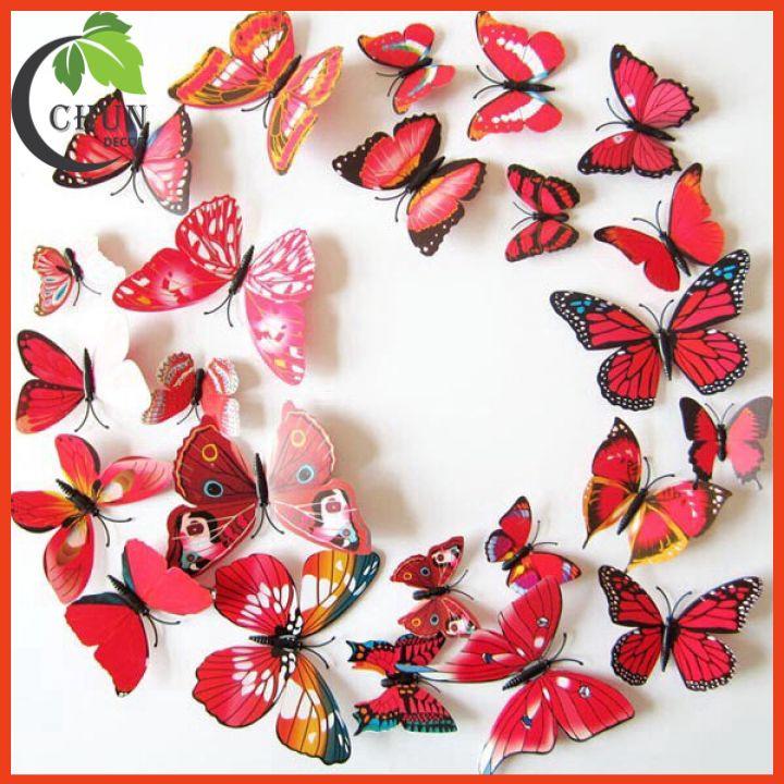 Bộ 12 Decal Dán Tường Hình Bướm 3D Cánh Đơn, Cánh Kép Đế Nam Châm Trang Trí Cửa Kính, Tủ Quần Áo, Giỏ Hoa, Ảnh Treo Châm