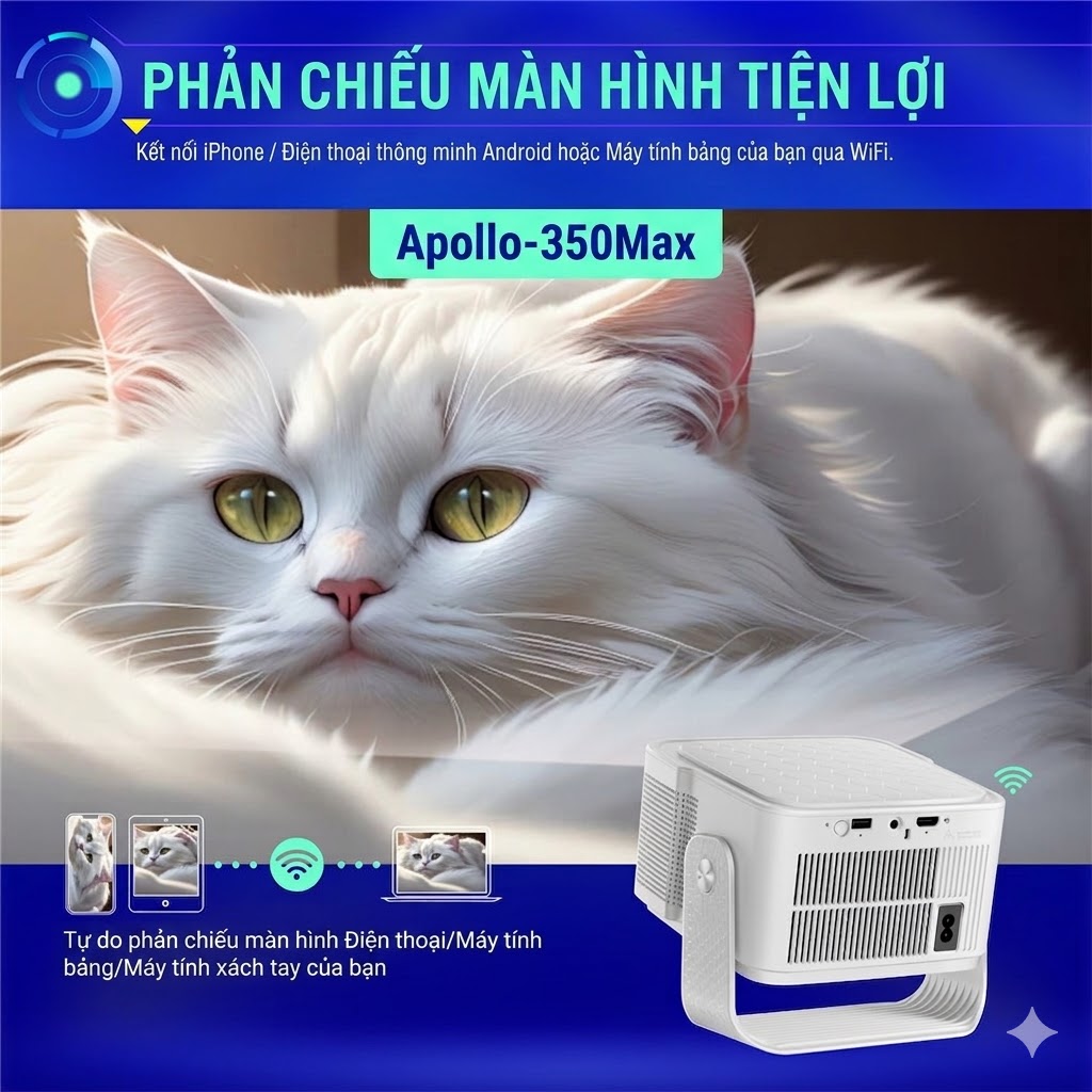 Máy Chiếu Thông Minh APOLLO 350MAX Full HD 1080P – Android 14, WIFI 6, Hỗ Trợ 4K/8K- Tự nhận dạng màn chiếu - Hàng nhập khẩu