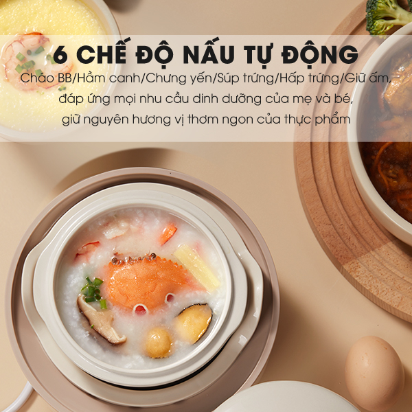 Nồi nấu chậm nấu cháo, ninh, hầm, chưng yến 6in1 SAMONO SW-SCB08 cho bé ăn dặm - Hàng chính hãng