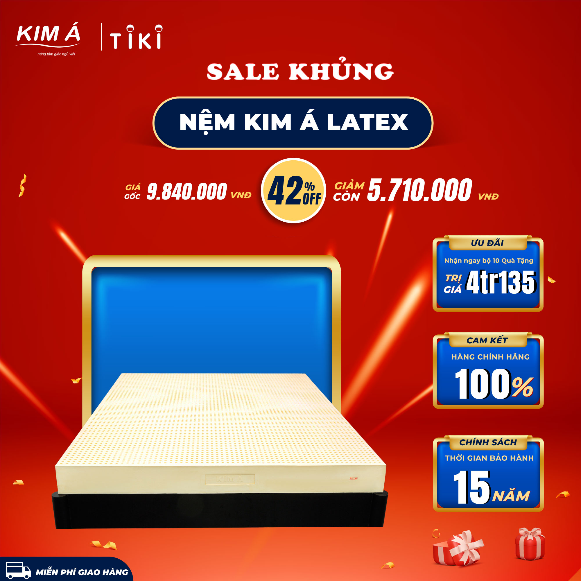 Nệm Cao Su Thiên Nhiên Kim Á Latex 100% Cao Su Thiên Nhiên, Bền Bỉ, Thoáng Mát, Êm Ái, Bảo Hành Chính Hãng