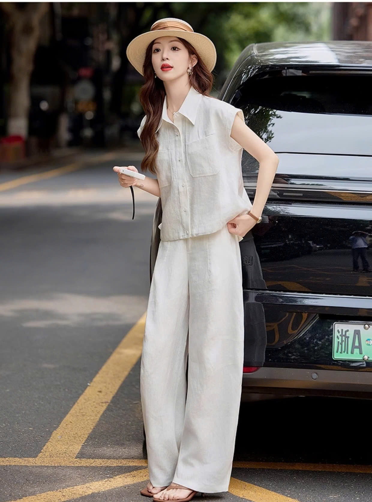 Set sơ mi tay cánh tiên thiết kế mix quần suông ống rộng cạp cao tôn dáng dịu dàng