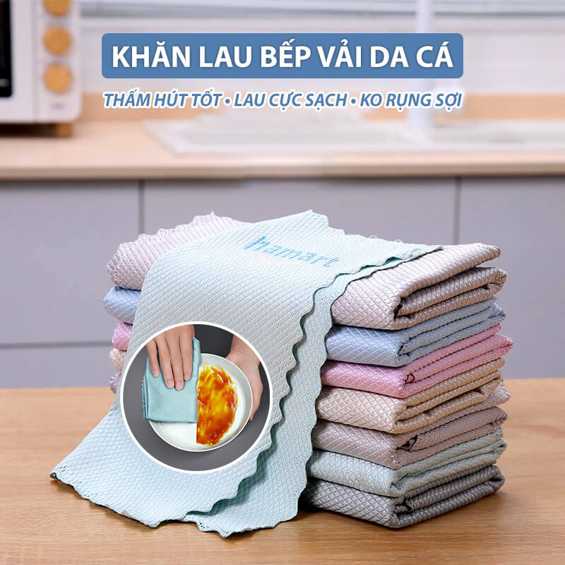 SET 2 Khăn Lau Bếp Đa Năng Vải Da Cá 30x40 CM Lau Xe Chùi Gương Kính Siêu Thấm Không Rụng Sợi