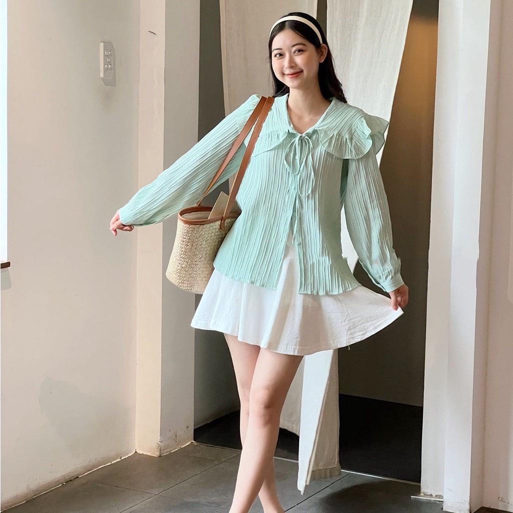 Áo Sơ Mi Nữ Cổ Bèo Buộc Nơ Vải Gân Dáng Công Sở Trơn