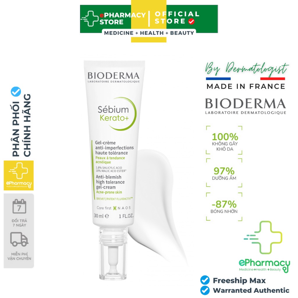 Kem dưỡng Bioderma Sebium Kerato+ giảm mụn, mờ thâm [30ml]