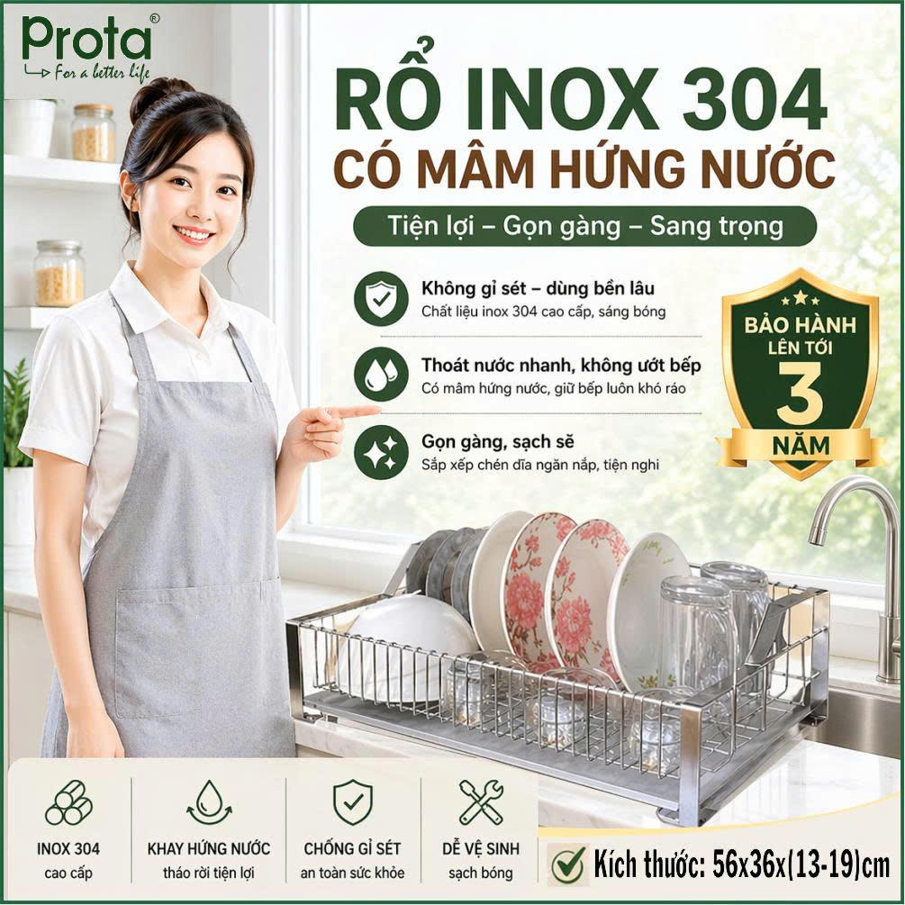 [CHÍNH HÃNG] Rổ úp bát đĩa inox 304 loại đạị Prota loại mới (Tặng kèm mâm hứng nước)- Bảo hành 36 tháng- Cam kết 1 đổi 1