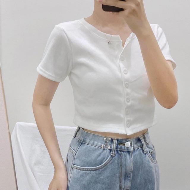 Croptop nút tay ngắn len gân ( chất cực đẹp