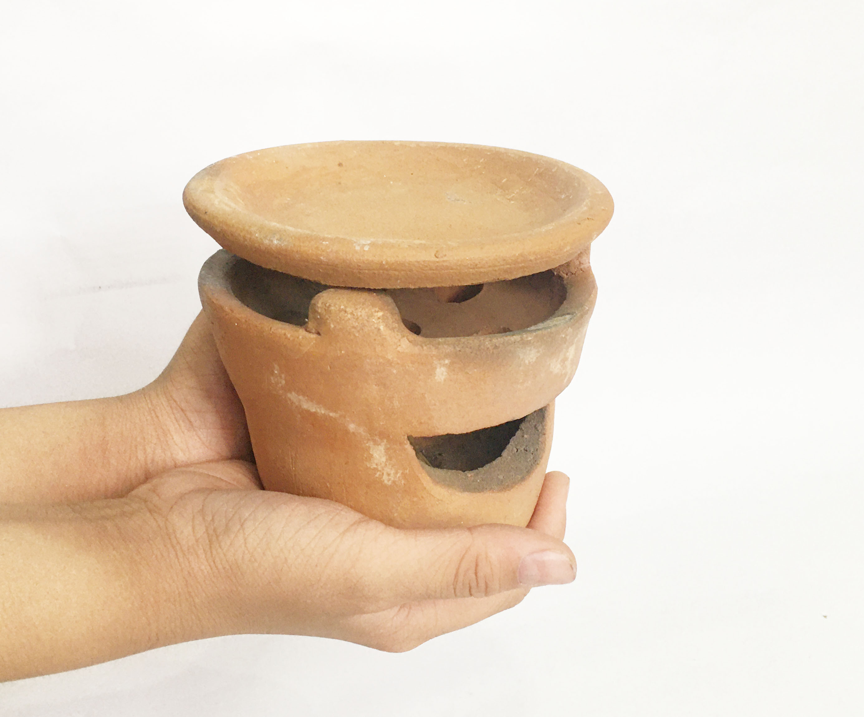 Bộ Bếp xông thảo mộc nhỏ bằng gốm đất nung thủ công Bàu Trúc có kèm dĩa  - Bếp đất nung Chăm vintage đa năng