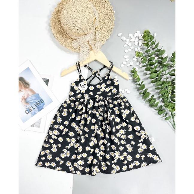 Váy maxi hoa cúc lụa hàn phối dây đan lưng bé gái