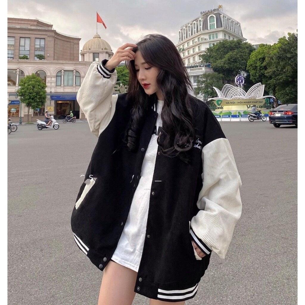 Áo Khoác Bomber BAD REVOLUTION Nhung Gân Tăm Thêu Phối Tay 2 Màu 2 Lớp Form Rộng Unisex Nam Nữ Ulzzang