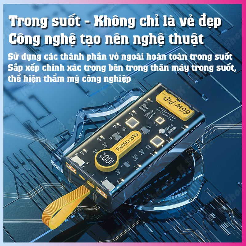 Pin Sạc Dự Phòng trong suốt 20000mAh - 66W - sạc siêu nhanh, tích hợp 4 cáp, 2 cổng usb, sạc cùng lúc nhiều điện thoại - Hàng chính hãng