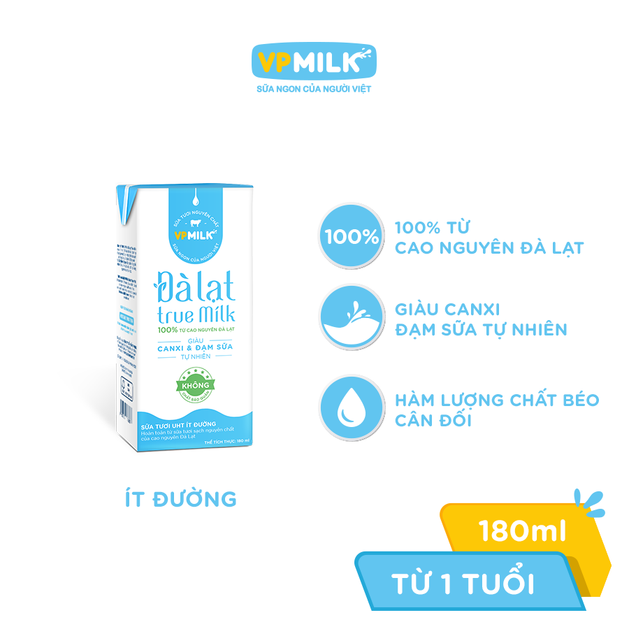 Sữa tươi UHT Đà Lạt True Milk Ít Đường 180ml (Thùng 48 hộp)