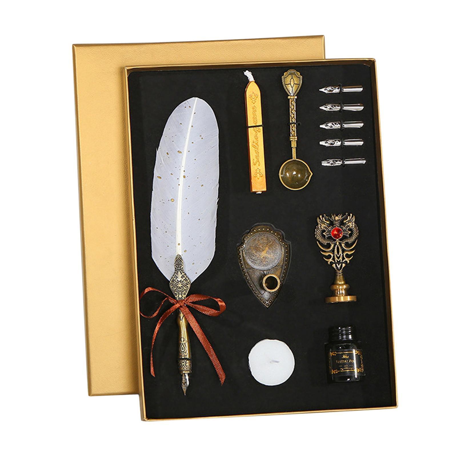 Calligraphy Feather Pen Set Feather Dip Pen Bottle of Ink Anitque White