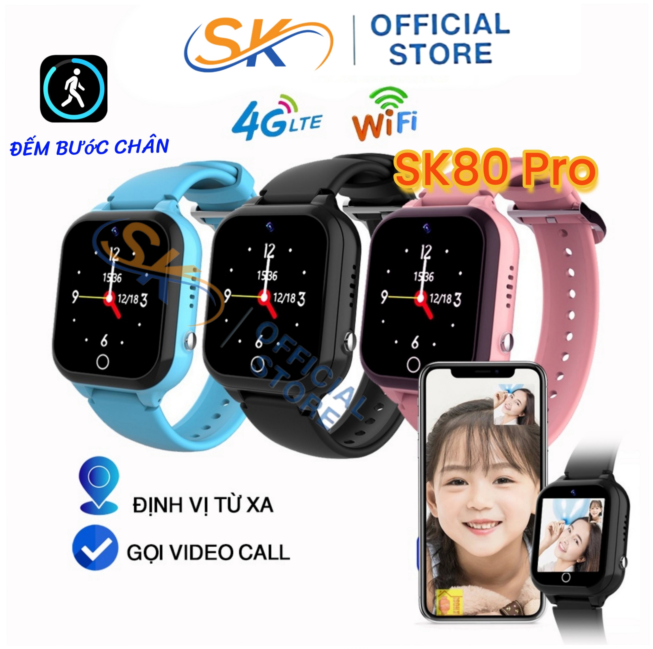 Đồng Hồ Thông Minh Định Vị Trẻ Em SK80 Pro - Gọi Videocall - Định Vị GPS/LBS/Wifi Chống Nước - Bảo Hành 6 Tháng