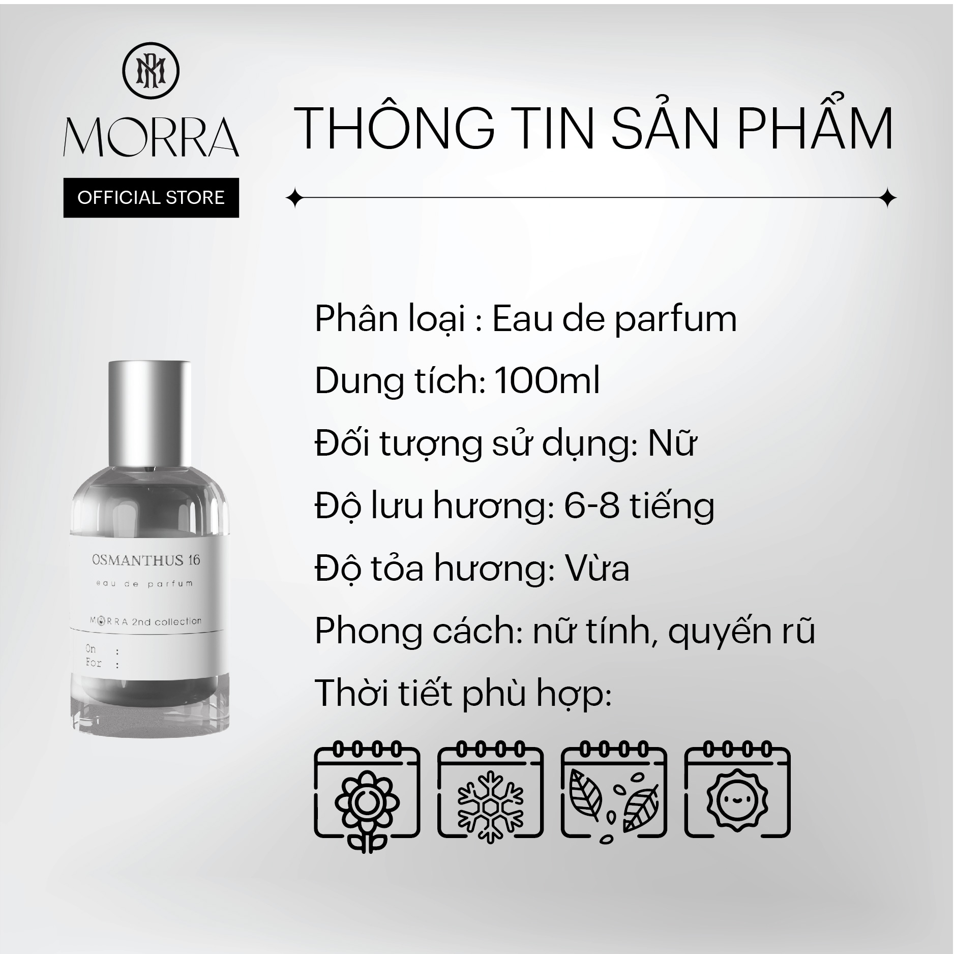 Nước Hoa Nam Nữ Morra Osmanthus 16 Chai 100ml Nguyên Liệu Nhập Pháp Hương Thơm Mộc Mạc, Quyến Rũ, Sang Trọng 100ml - Dạng Xịt