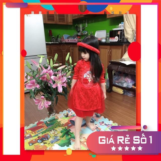 Set áo dài lụa đính hoa, gồm áo, chân váy, mấn. Size 2-8T