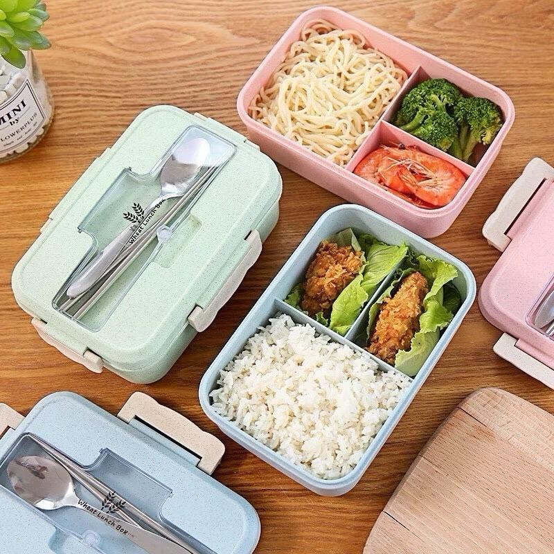 [Hàng Loại 1] Hộp Cơm Giữ Nhiệt Thủy Tinh 2 Ngăn / 3 Ngăn An Toàn Vệ Sinh, Dày Dặn, Có Nắp Chống Tràn, Dùng Cho Lò Vi Sóng -  Hộp Cơm Lúa Mạch Kèm Đũa Thìa, Phù Hợp Dân Văn Phòng