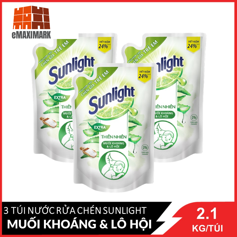 Combo 3 Nước Rửa Chén Bát Sunlight Extra Thiên Nhiên Muối Khoáng Và Lô Hội 2.1kgx3