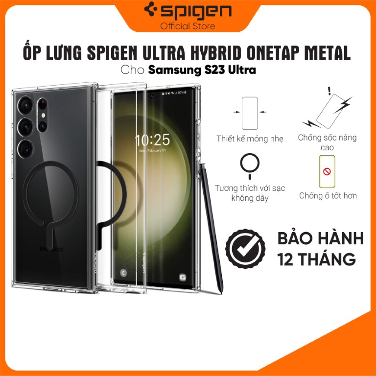 Ốp lưng Spigen Ultra Hybrid Onetap Metal Ring cho Samsung S23 Ultra - Thiết kế trong suốt, chống ố, viền camera cao, hàng chính hãng