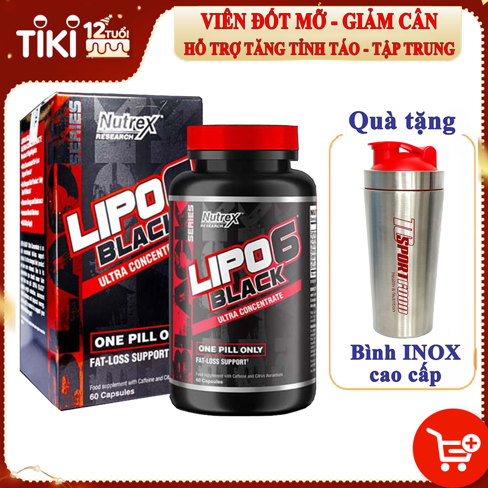 Combo Viên đốt mỡ LIPO 6 BLACK của Nutrex hộp 60 viên hỗ trợ đốt mỡ, giảm cân mạnh mẽ, tăng tỉnh táo tập trung cho người chơi thể thao &amp; Bình Inox 739ml (mẫu ngẫu nhiên)