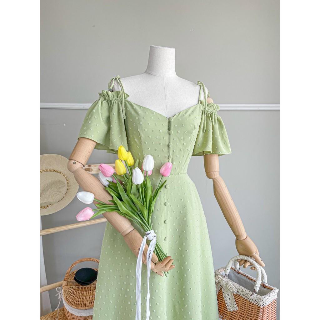 ĐẦM MAXI NÚT BỌC TRỄ VAI CÓ DÂY CỘT VOAN HỘT DÁNG XÒE-hình thật shop chụp