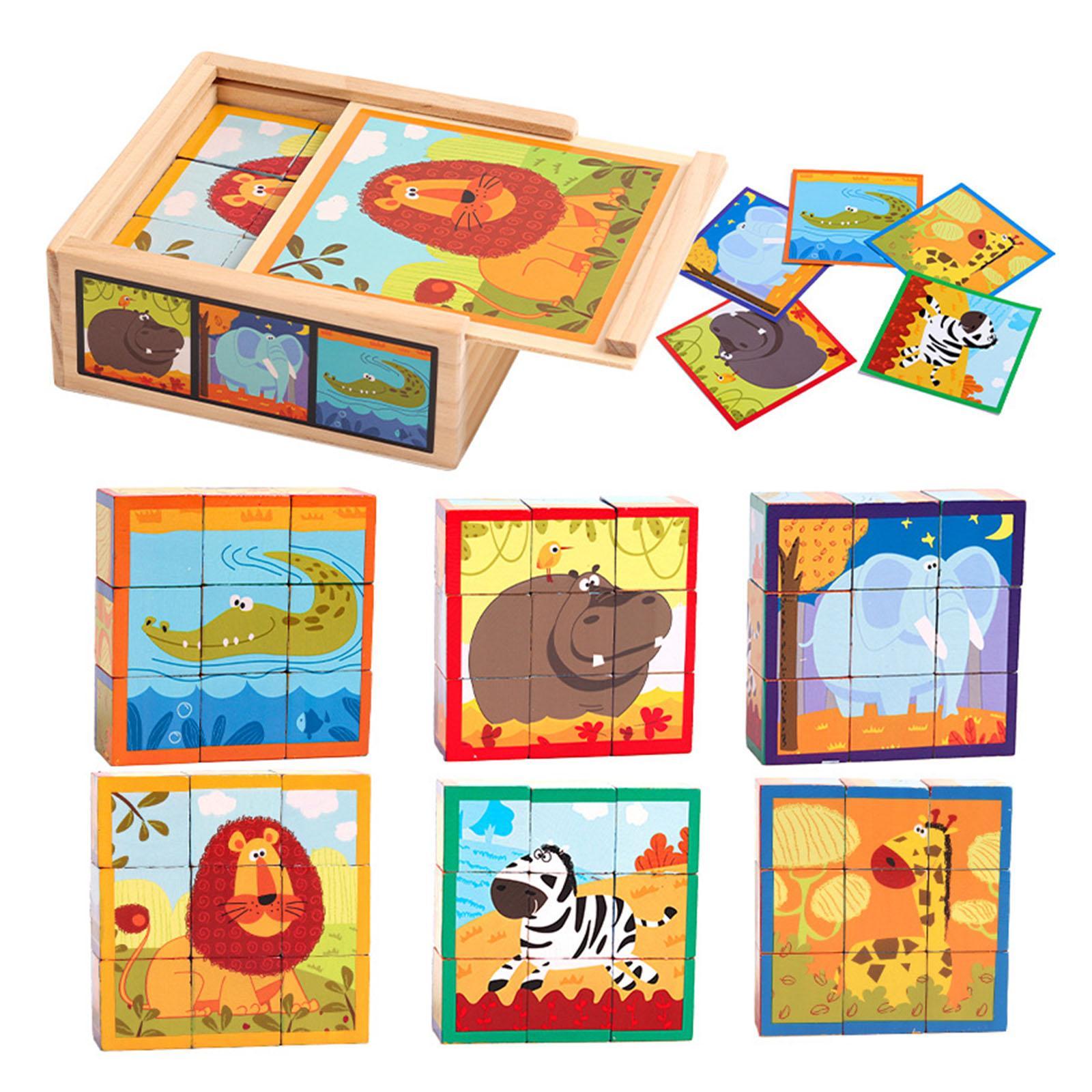 Wooden Cartoon Puzzle Learning Activities Montessori Fine Motor Skill with 5 Cards Shape Sorter Toy for Travel Toddlers Birthday Gift