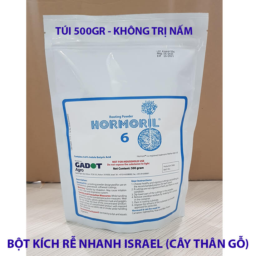 Bột kích ra rễ Hormoril 6 Israel túi 500gr dành cho các loại cây thân gỗ, hoa hồng, bông giấy,... Bột kích ra rễ siêu nhanh, hỗ trợ bộ rễ khoẻ hơn cứng cáp hơn. Giúp quá trình giâm và chiết cành hiệu quả hơn