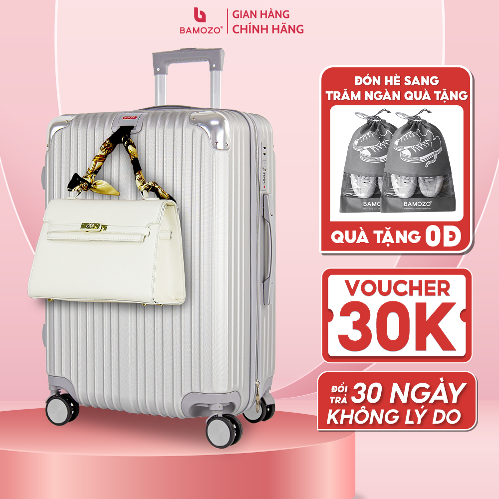 Vali du lịch BAMOZO 8809 MÀU BẠC size 20/24/28 , vali kéo nhựa bảo hành 5 năm