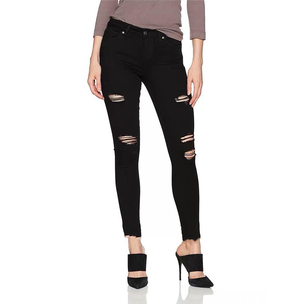 Quần jean nữ BIG SIZE dài 9 tấc rách kiểu màu đen tuyền dành cho người béo 3619