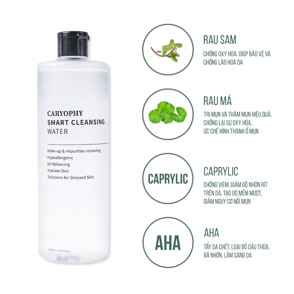 Combo 2 Sản Phẩm Hỗ Trợ Giảm Mụn Và Tẩy Da Chết Dịu Nhẹ Caryophy (Tẩy trang 500ml + Toner 300ml)