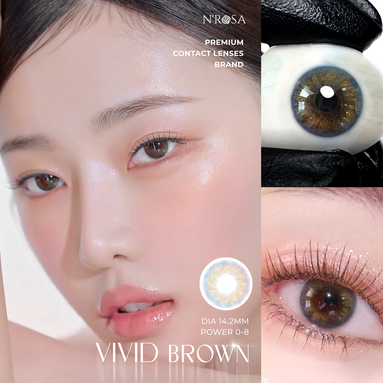 Lens nâu có độ cận N’Rosa Vivid Brown cho mắt thở cao cấp Angel Eyes phân phối | Độ cận: 0-8 | Chất liệu Silicone Hydrogel