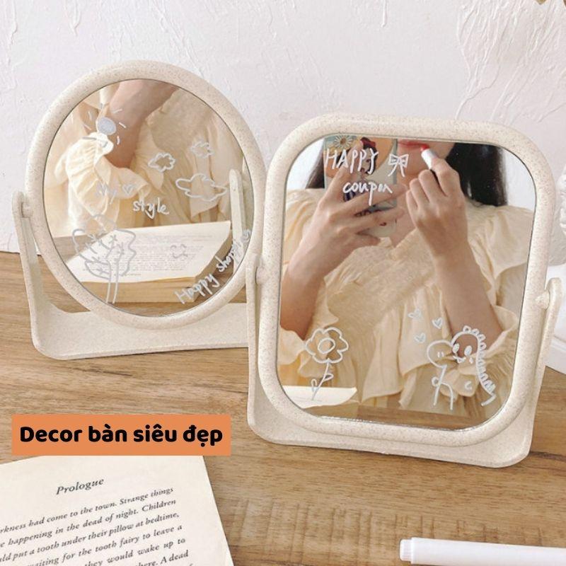Gương Trang Điểm Để Bàn Lúa Mạch Hàn Quốc 2 Mặt Xinh Xắn Gương Xoay 360 Độ Nhỏ Gọn Tiện Dụng