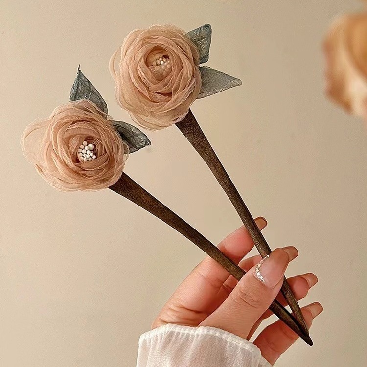 Trâm cài tóc hoa hồng thiếu nữ, phụ kiện búi tóc, dụng cụ búi tóc làm tóc style cổ trang thanh lịch