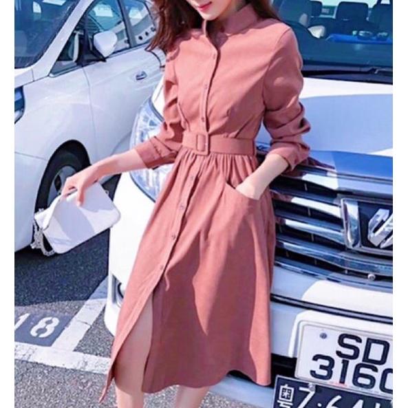 X2 váy cổ sơ mi dán dài công sở dịu dàng Đầm hồng ruốc tay dài kèm belt