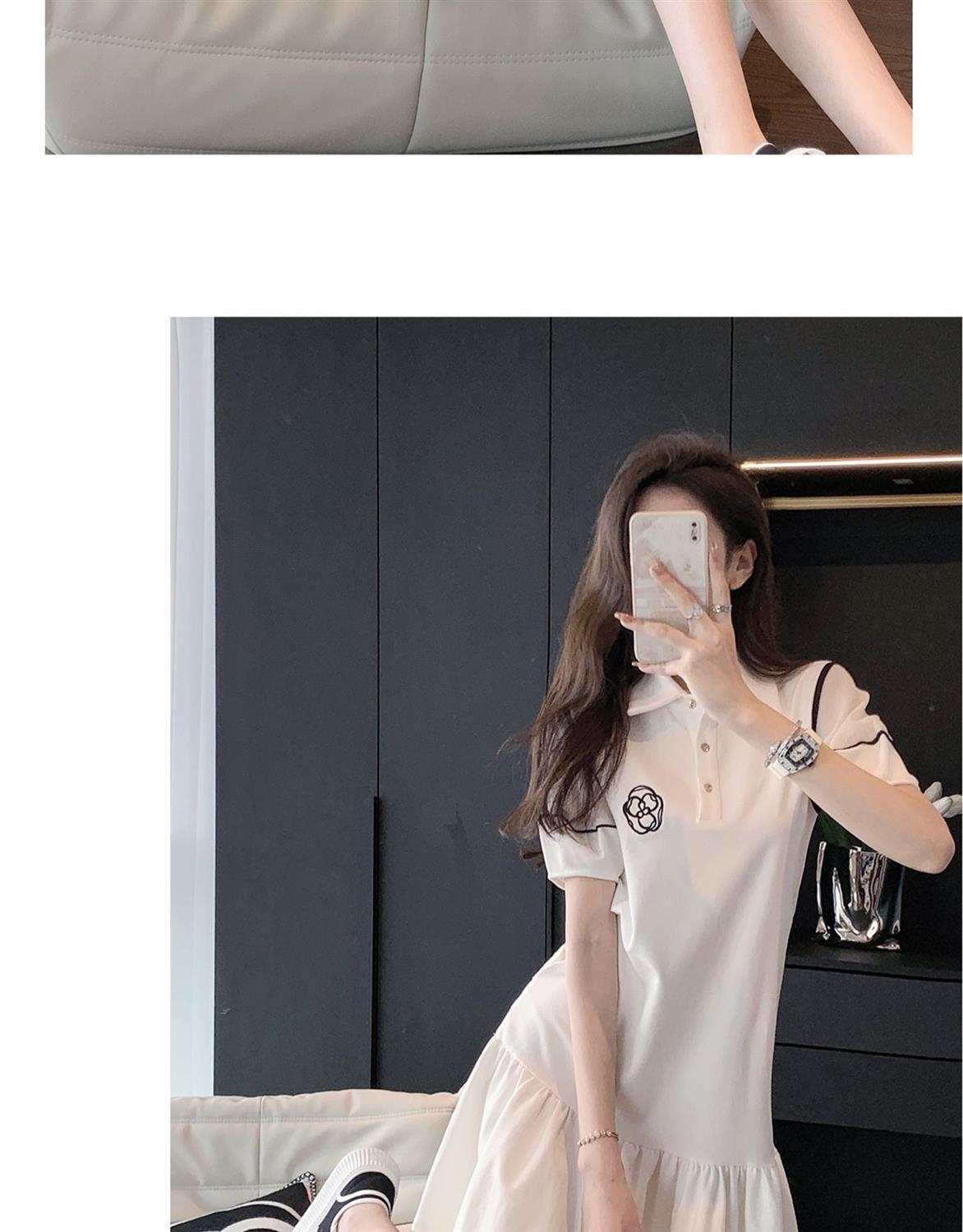 CHENGRUI Váy Polo trắng cho phụ nữ mùa hè 2023 Pháp cao cấp cảm giác lỏng lẻo giản dị hiển thị gầy bong bóng tay áo váy