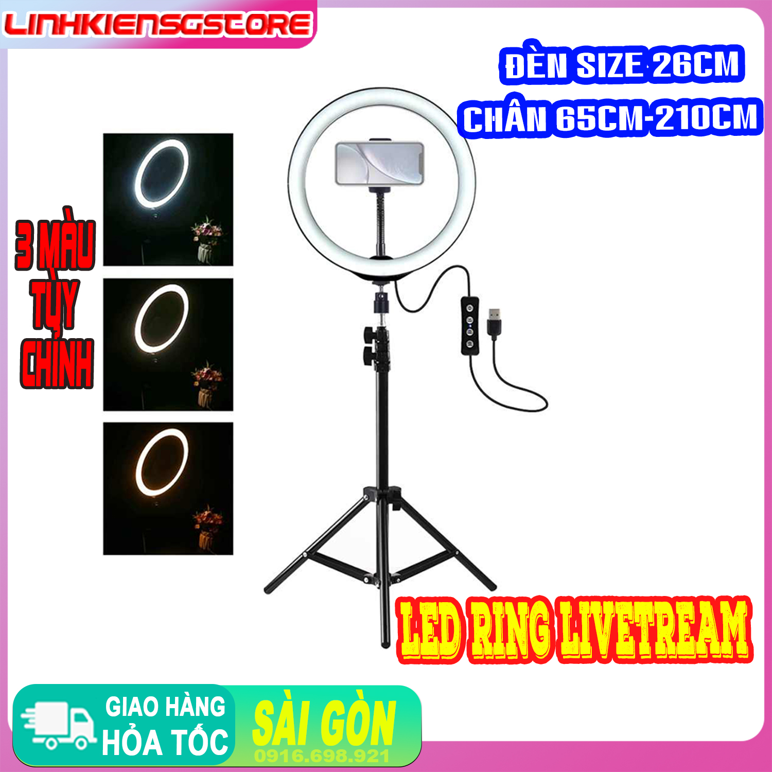 Bộ Đèn Led Livestream Size 26cm (Kèm Cả chân 2M &amp; kẹp điện thoại)