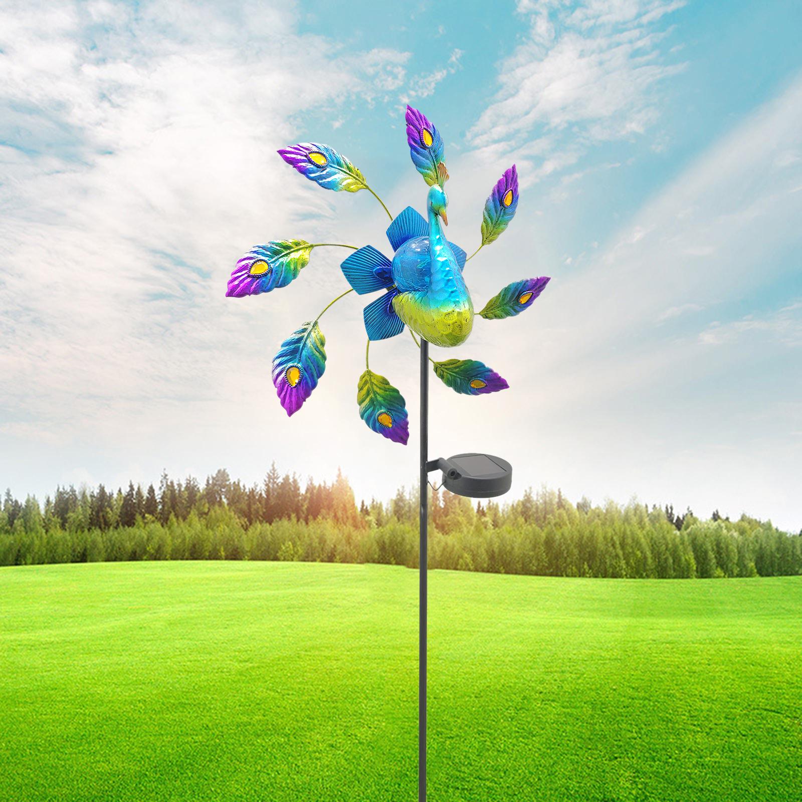 Solar Wind Spinner LED Light Peacock Sculpture WindMill Outdoor Garden Stake