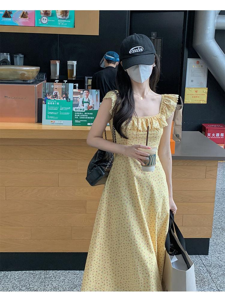 TOBE1SHOP Trà nghỉ kiểu Pháp cổ vuông tay áo nhỏ màu vàng hoa đầm nhỏ thắt lưng lộ vẻ gầy mùa hè váy dài đến mắt cá chân