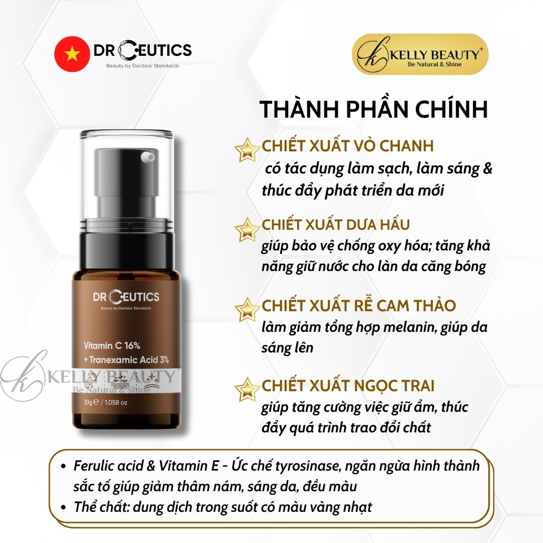 DrCeutics Vitamin C 16% + Tranexamic 3% - Tinh Chất Chống Lão Hóa, Sáng Da, Mờ Thâm Nám | Kelly Beauty