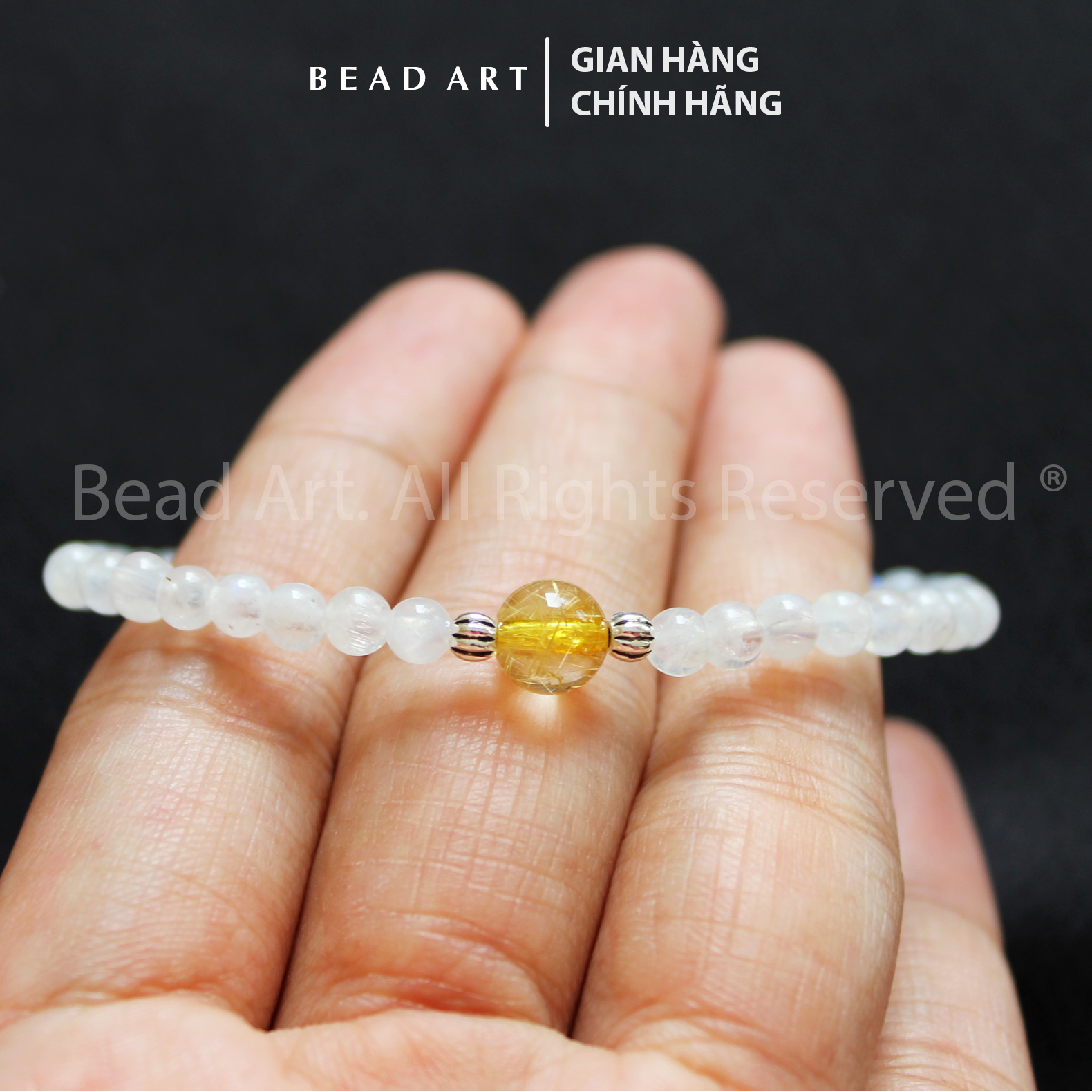 Vòng Tay 4MM Đá Moonstone Và Thạch Anh Tóc Màu Vàng, Mặt Trăng, Vòng Tay Phong Thuỷ, Chuỗi Hạt, Kim, Thuỷ - Bead Art