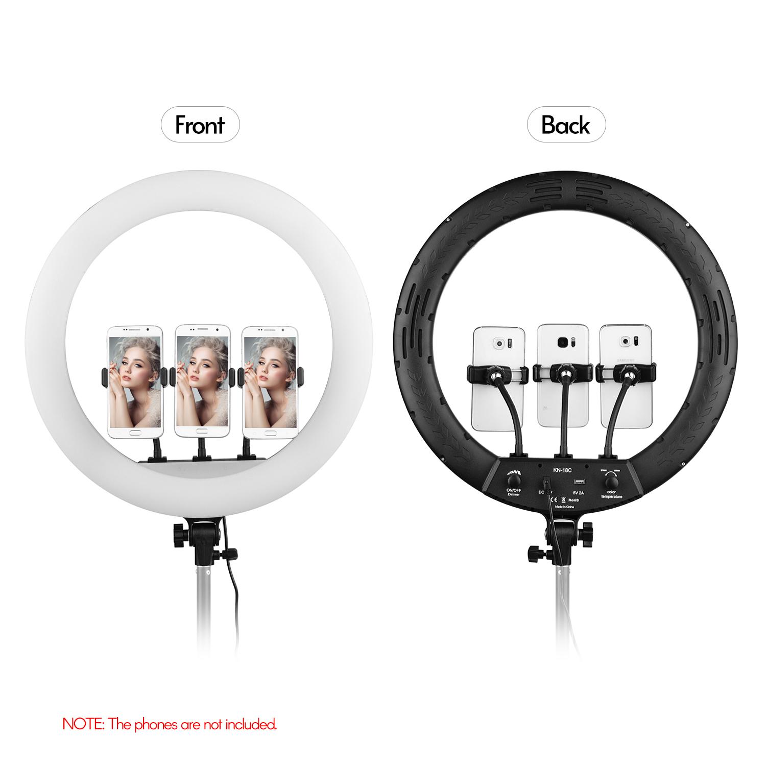 Bộ đèn chụp ảnh 18 inch LED Ring Light có thể điều chỉnh độ sáng vô cấp 2700K-6500K với 3 chiếc giá đỡ điện thoại Điều khiển từ xa - Đen
