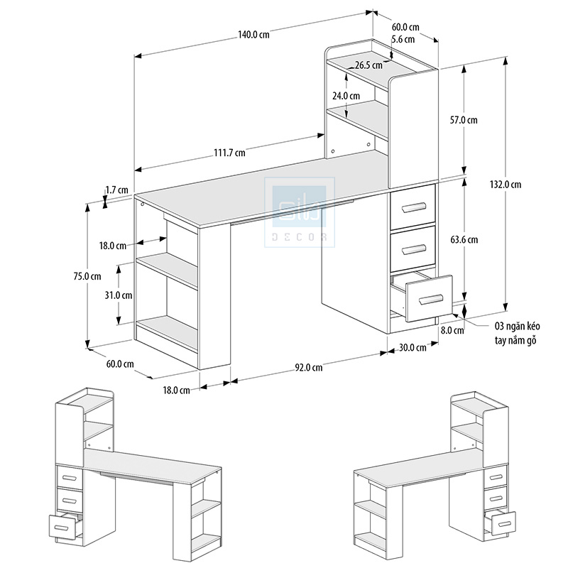 Bàn Làm Việc Kết Hợp Tủ Sách Hiện Đại Thương Hiệu SIB Decor BLV01
