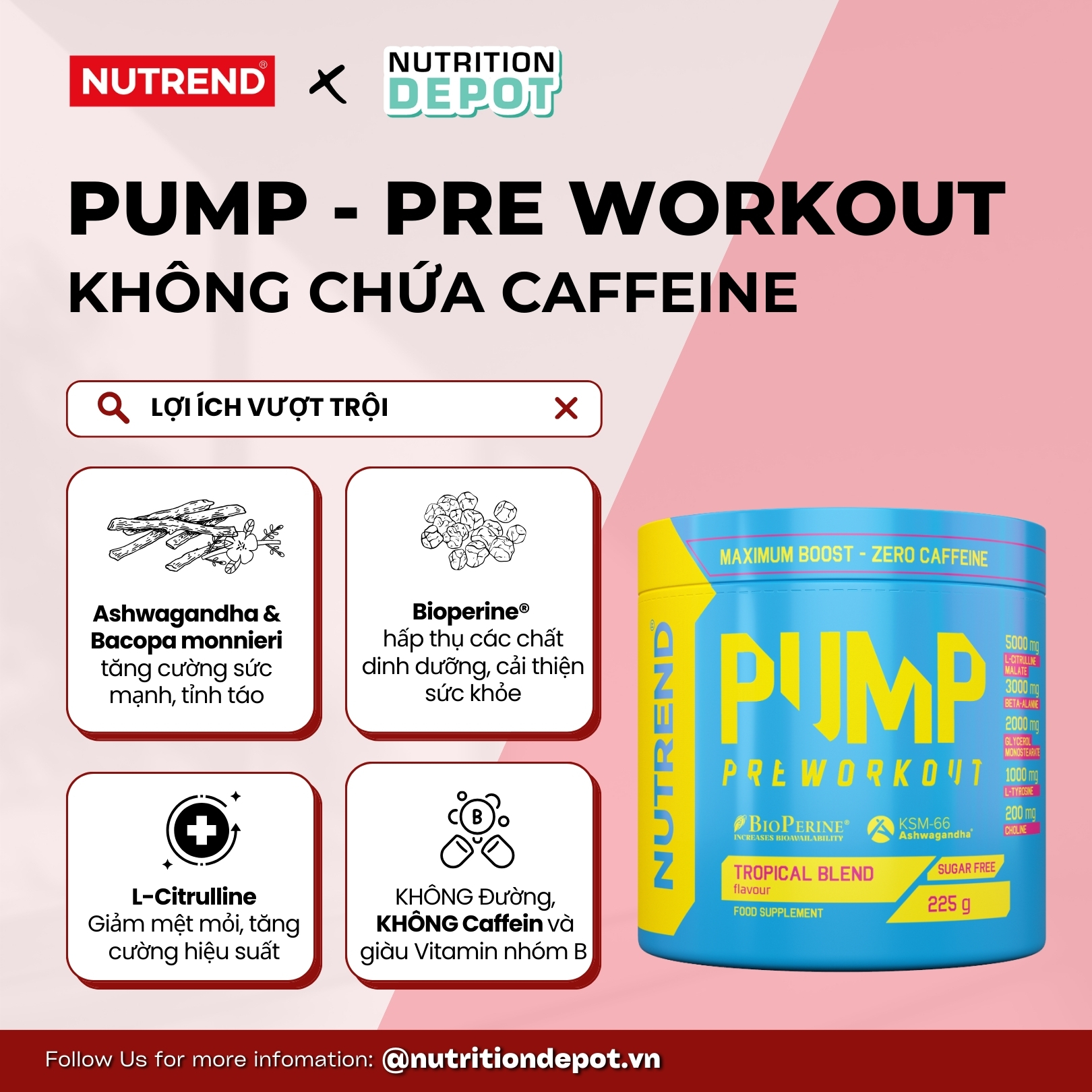 Hình ảnh Thực phẩm bổ sung năng lượng trước tập luyện Nutrend Pump Pre-Workout Without Caffeine (Hộp 225g) - Nutrition Depot Vietnam