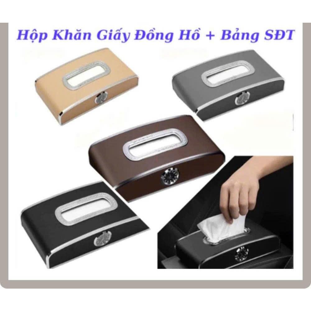 Hộp đựng giấy ăn trên ô tô 3 chức năng, có đồng hồ và bảng số điện thoại, chất liệu da cao cấp