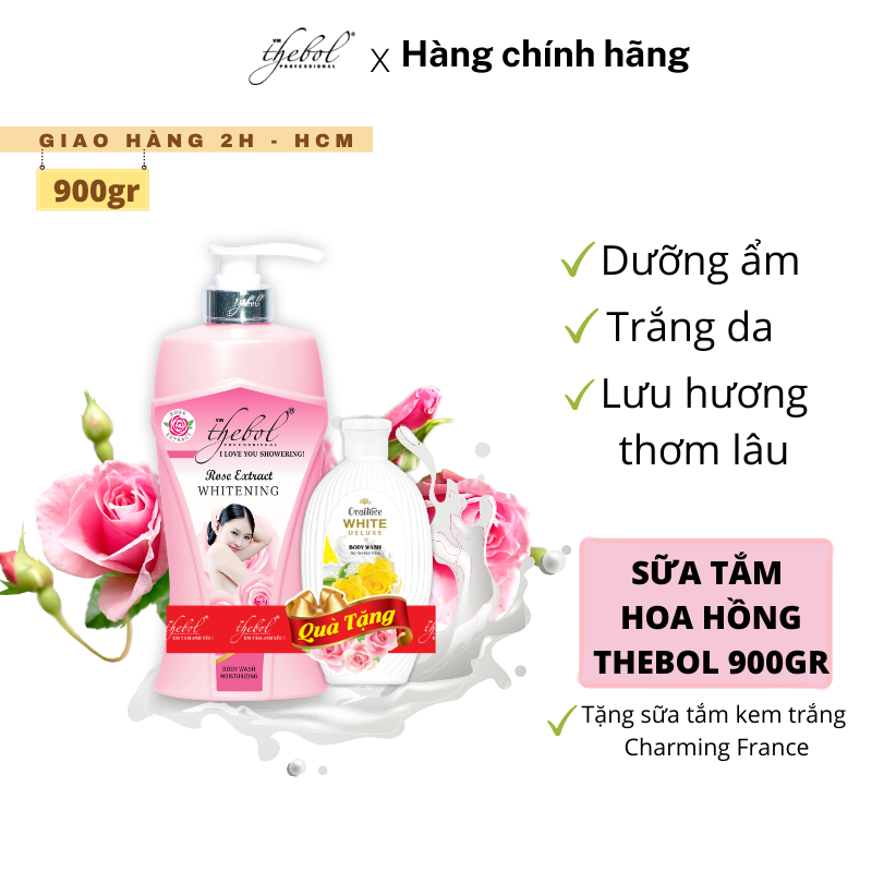 Sữa tắm nước hoa tinh chất hoa hồng thảo dược dưỡng ẩm trắng da Thebol 900g + Sữa tắm kem trắng hạt massage chiết xuất Hoa Hồng Trắng Thebol 226g