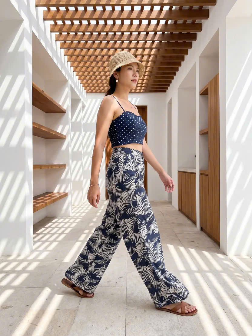 Quần Ống Rộng Linen Lá Cọ Xanh Navy Pan055 Thời trang Hity