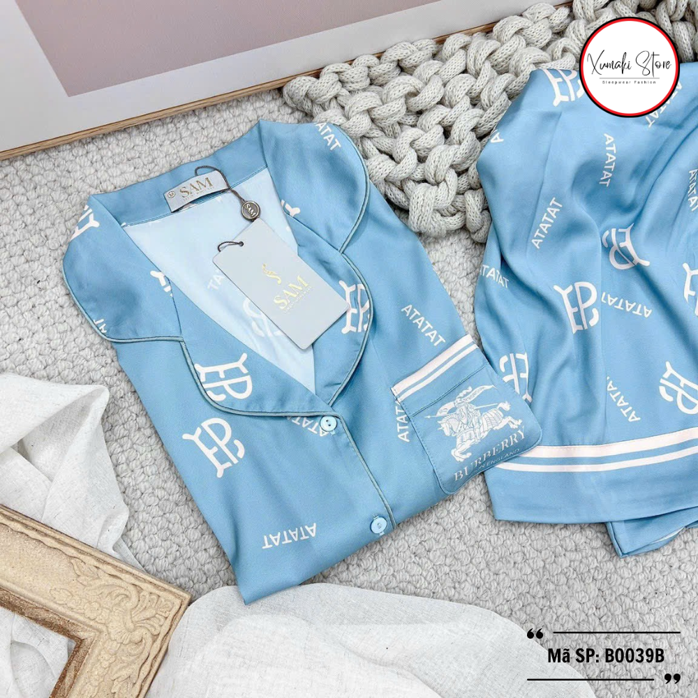 Bộ pijama nữ áo cộc quần ngố họa tiết chữ chất lụa cao cấp Xumaki Store BO039B