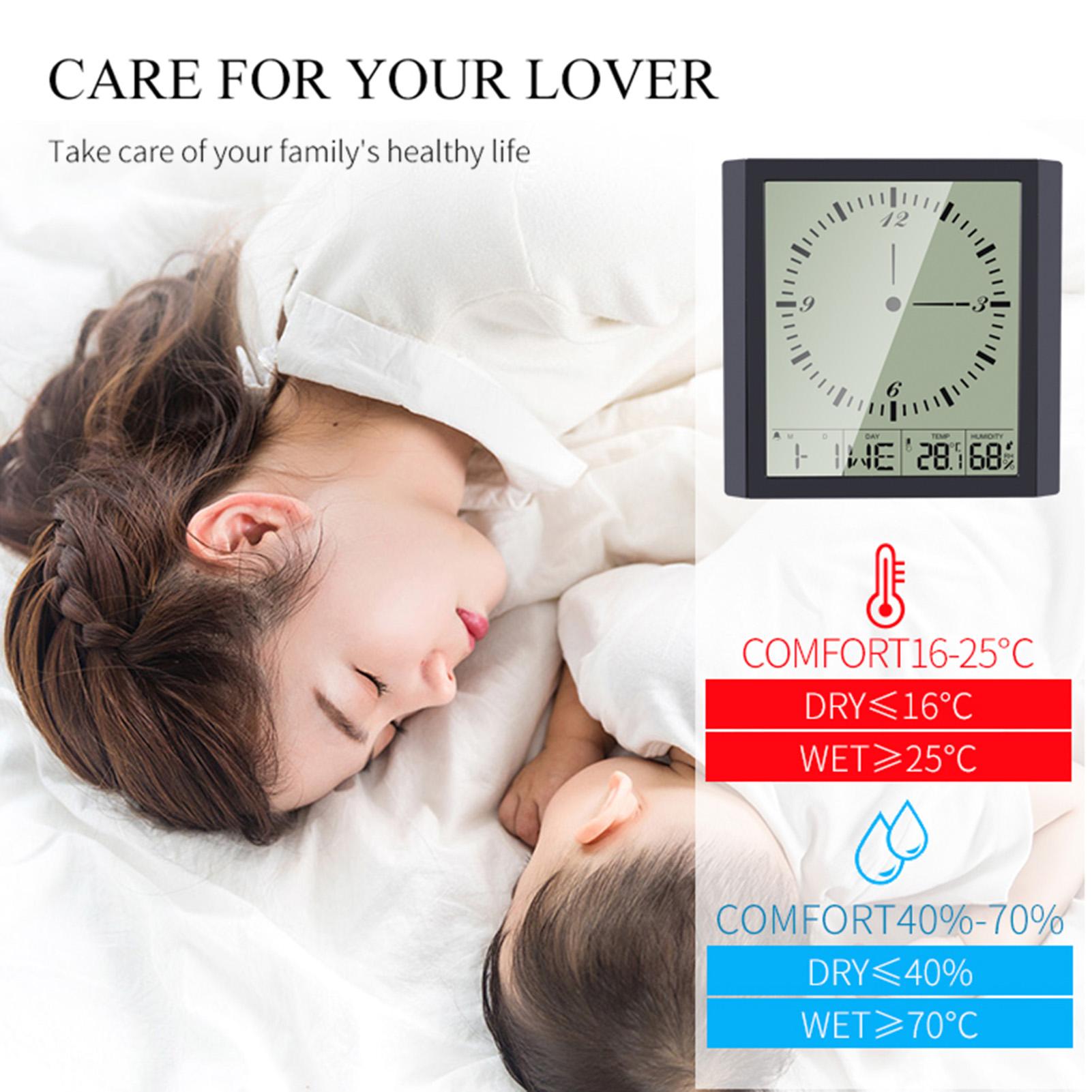 Đồng hồ hình vuông hiện đại và đơn giản, màn hình lớn, độ nét cao, góc nhìn rộng, 150 độ. Hiển thị thời gian, lịch, tuần, nhiệt độ và độ ẩm.